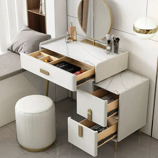 Modern Off-white Makeup Vanity Table with Mirror & Side Table