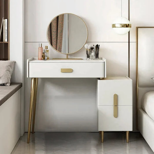 Modern Off-white Makeup Vanity Table with Mirror & Side Table