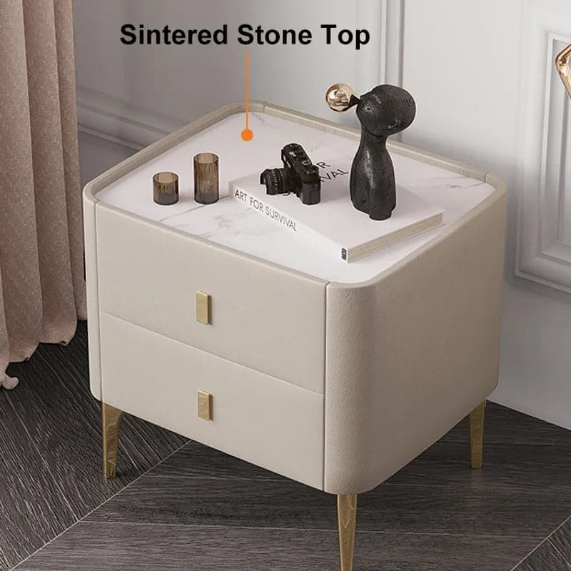 Modern Off White Nightstand 2-Drawer Bedside Cabinet with Sintered Stone Top