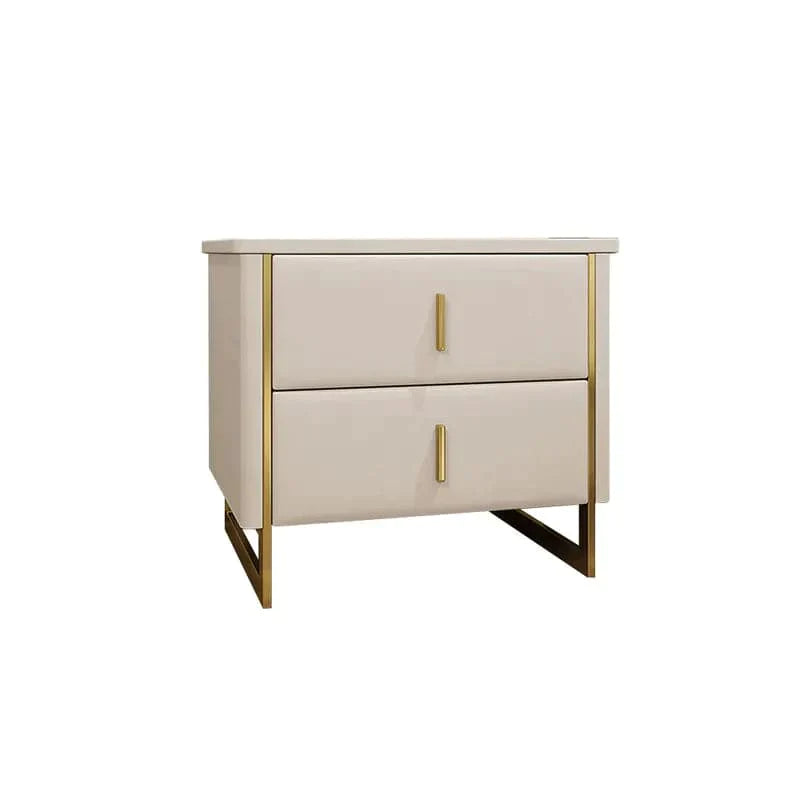 Modern Off White Nightstand 2-Drawer Faux Leather Bedside Table in Gold