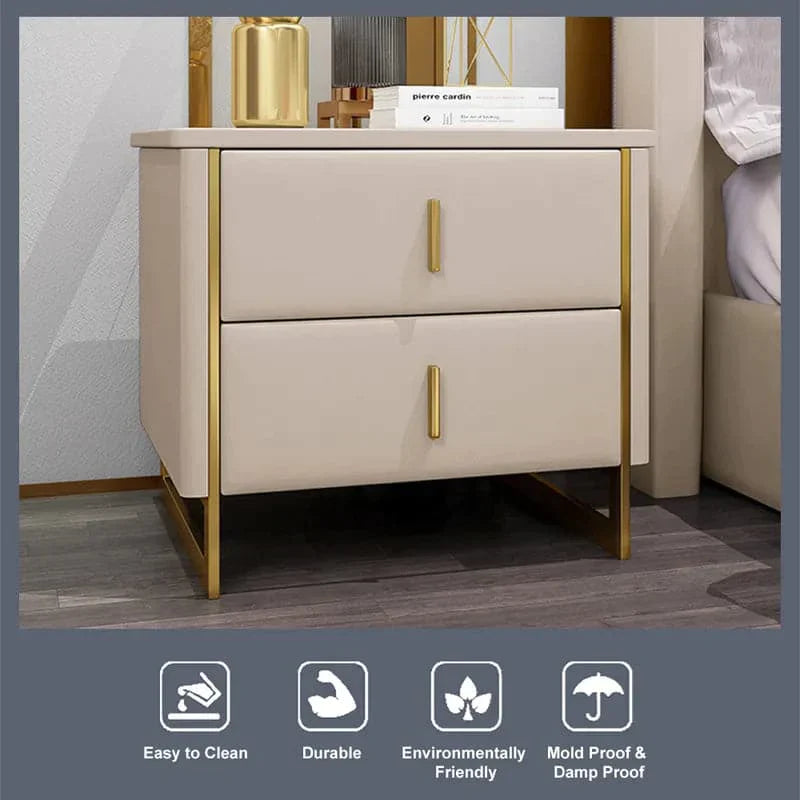 Modern Off White Nightstand 2-Drawer Faux Leather Bedside Table in Gold