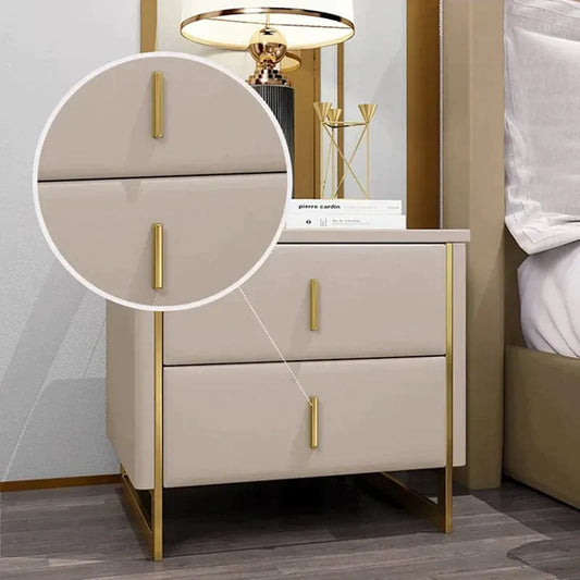 Modern Off White Nightstand 2-Drawer Faux Leather Bedside Table in Gold