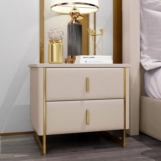 Modern Off White Nightstand 2-Drawer Faux Leather Bedside Table in Gold