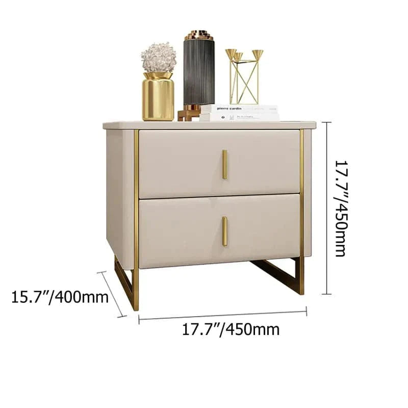 Modern Off White Nightstand 2-Drawer Faux Leather Bedside Table in Gold