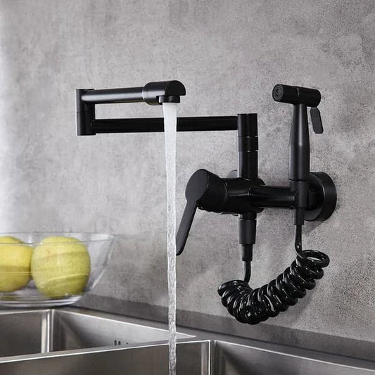 Modern Retractable Wall-mounted Pot Filler Matte Black Kitchen Faucet with Spray