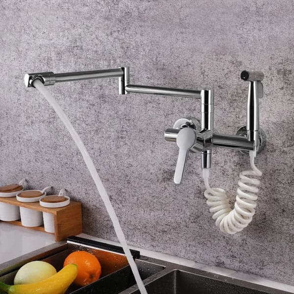 Modern Retractable Wall-mounted Pot Filler Matte Black Kitchen Faucet with Spray