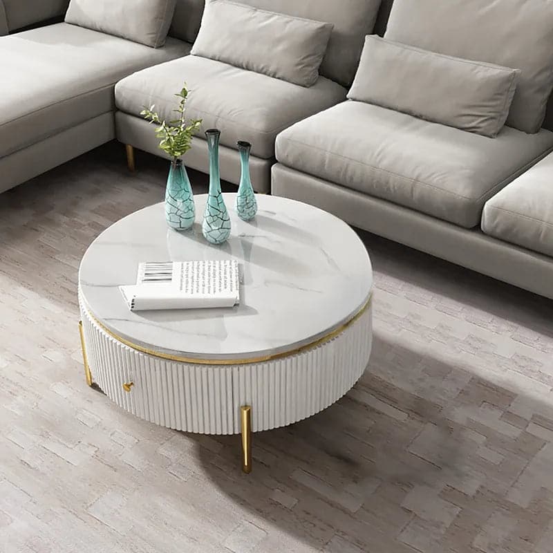 Modern Round Coffee Table with Storage Marble Accent Table Stainless Steel in Gold