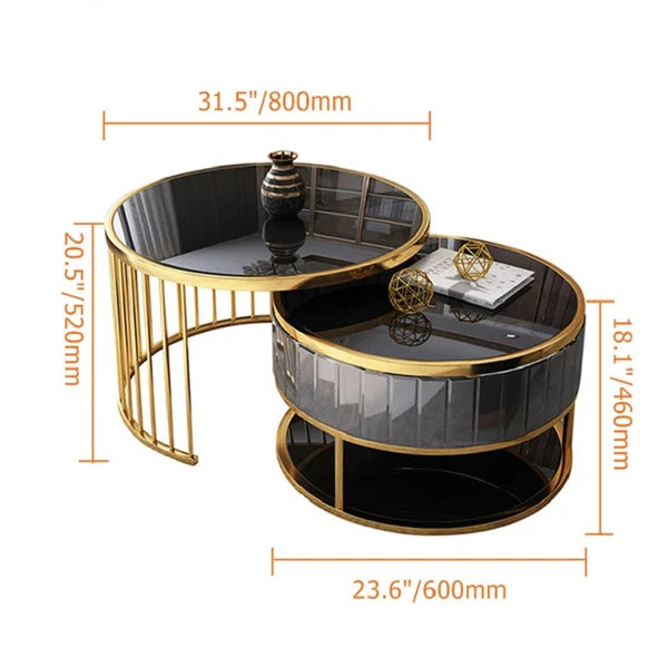 Modern Round Gold & Black Nesting Coffee Table with Shelf Tempered Glass Top 2 Piece Set