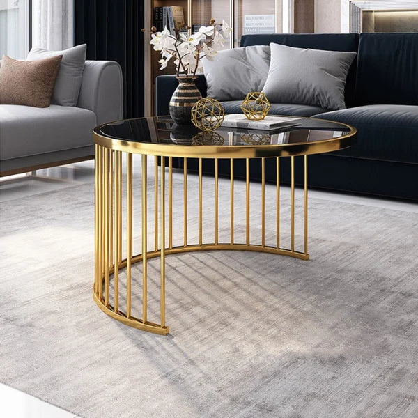 Modern Round Gold & Black Nesting Coffee Table with Shelf Tempered Glass Top 2 Piece Set