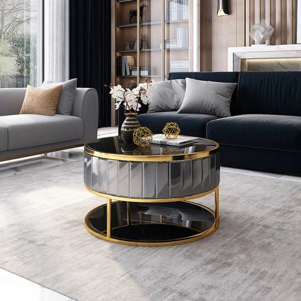 Modern Round Gold & Black Nesting Coffee Table with Shelf Tempered Glass Top 2 Piece Set