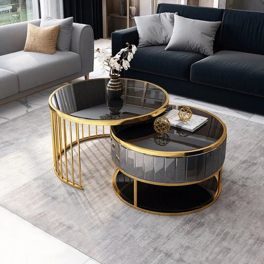 Modern Round Gold & Black Nesting Coffee Table with Shelf Tempered Glass Top 2 Piece Set