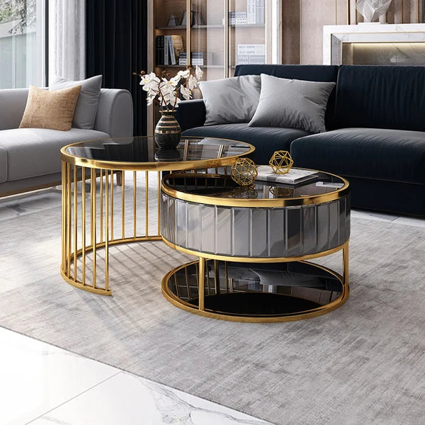 Modern Round Gold & Black Nesting Coffee Table with Shelf Tempered Glass Top 2 Piece Set