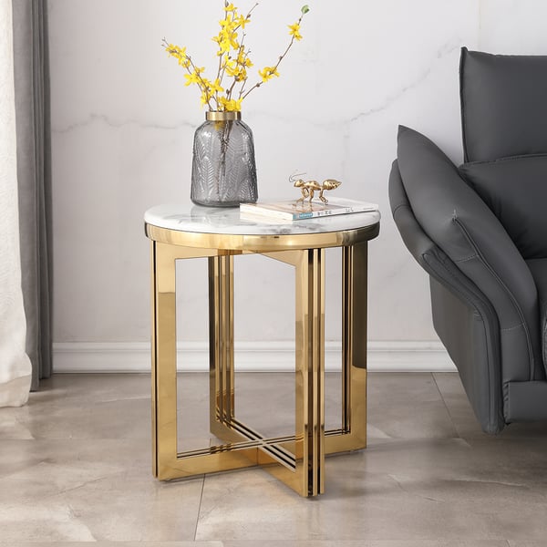 Modern Round Marble-top End Table Side Table in White & Gold