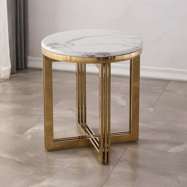 Modern Round Marble-top End Table Side Table in White & Gold