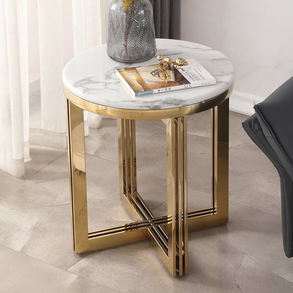 Modern Round Marble-top End Table Side Table in White & Gold