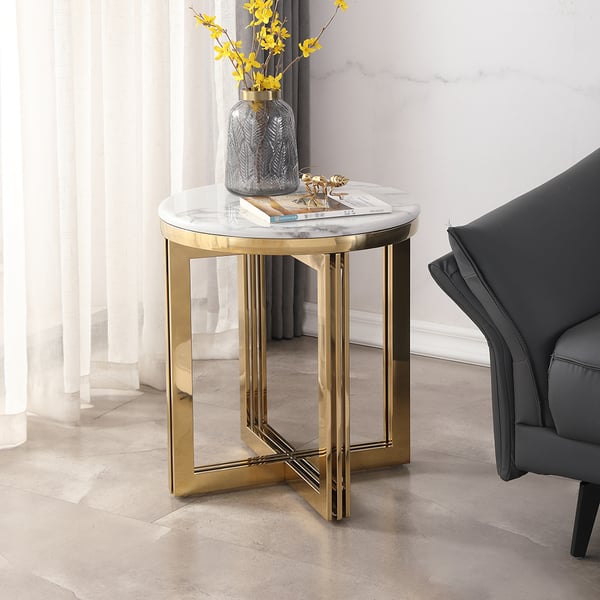 Modern Round Marble-top End Table Side Table in White & Gold