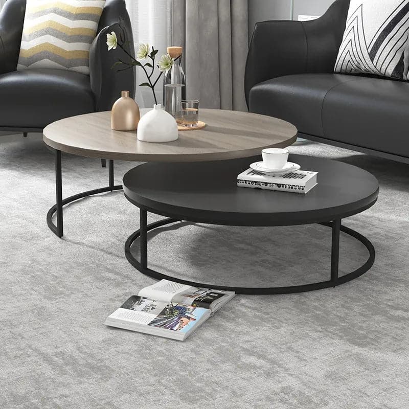 Modern Round Nesting 2-Piece Extendable Gray & Black Living Room Accent Coffee Table