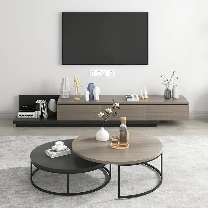 Modern Round Nesting 2-Piece Extendable Gray & Black Living Room Accent Coffee Table