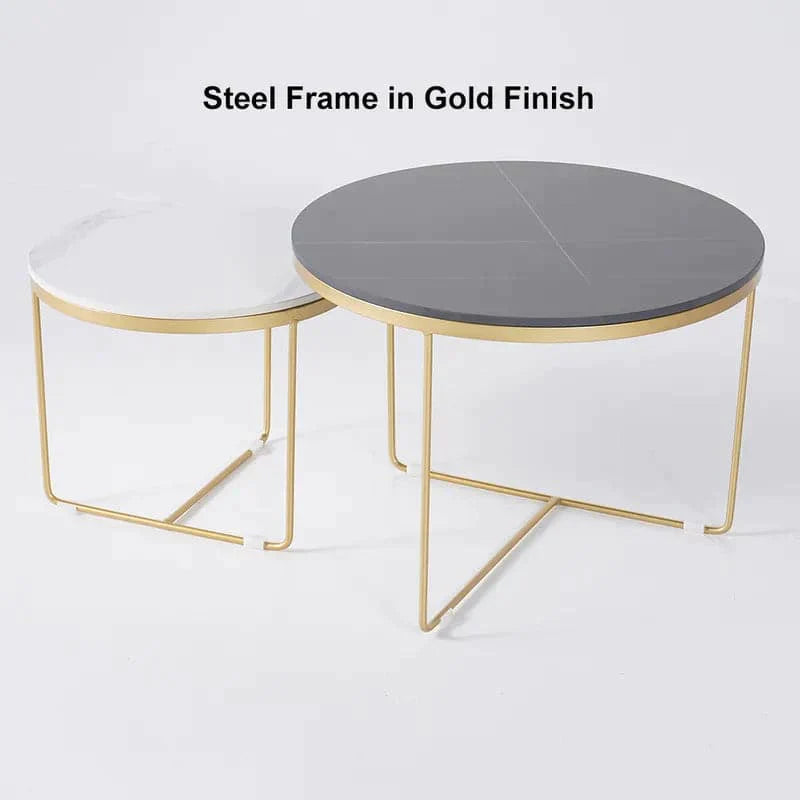 Modern Round Nesting Coffee Table Set 2-Piece Black & White Sintered Stone Top Gold Base