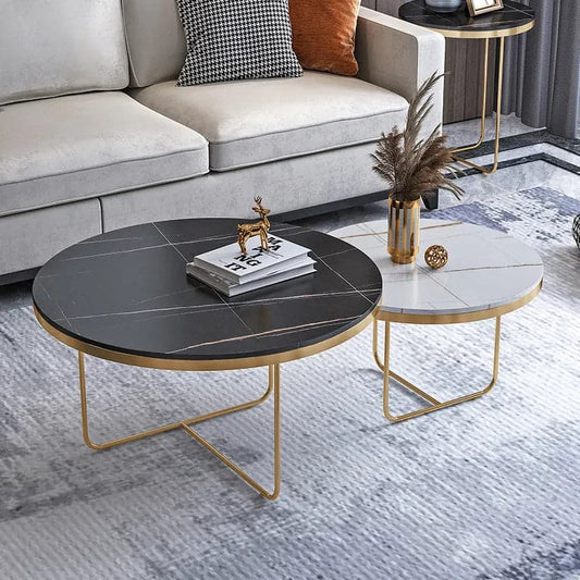 Modern Round Nesting Coffee Table Set 2-Piece Black & White Sintered Stone Top Gold Base