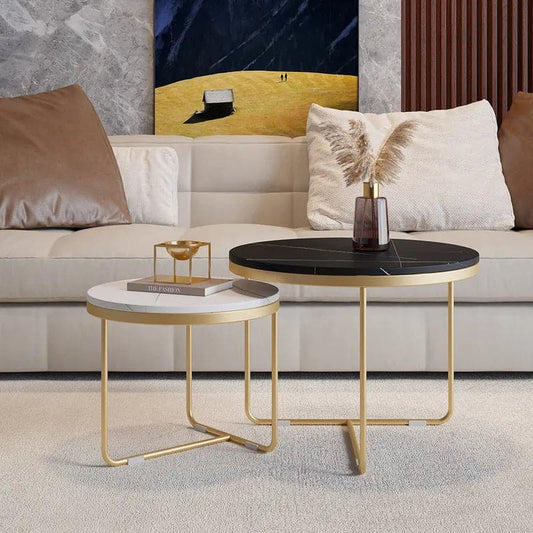 Modern Round Nesting Coffee Table Set 2-Piece Black & White Sintered Stone Top Gold Base