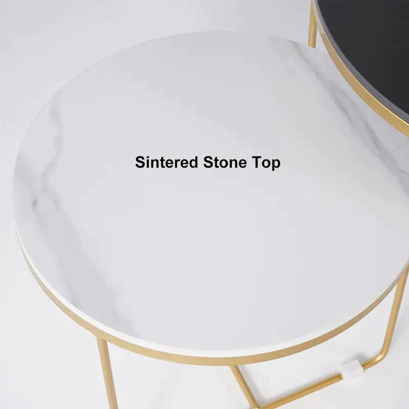 Modern Round Nesting Coffee Table Set 2-Piece Black & White Sintered Stone Top Gold Base