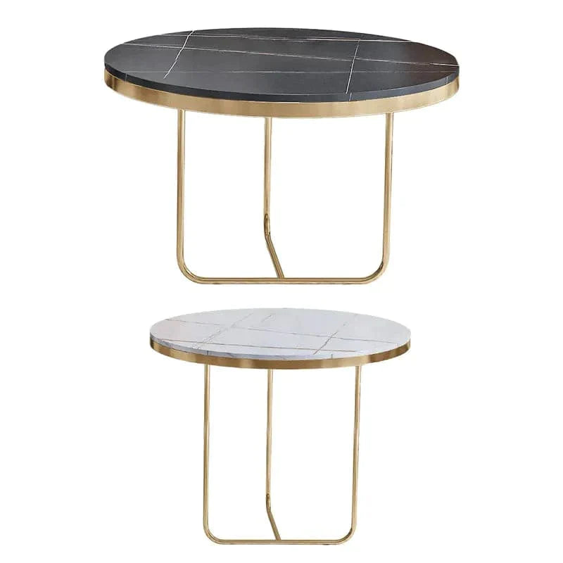 Modern Round Nesting Coffee Table Set 2-Piece Black & White Sintered Stone Top Gold Base