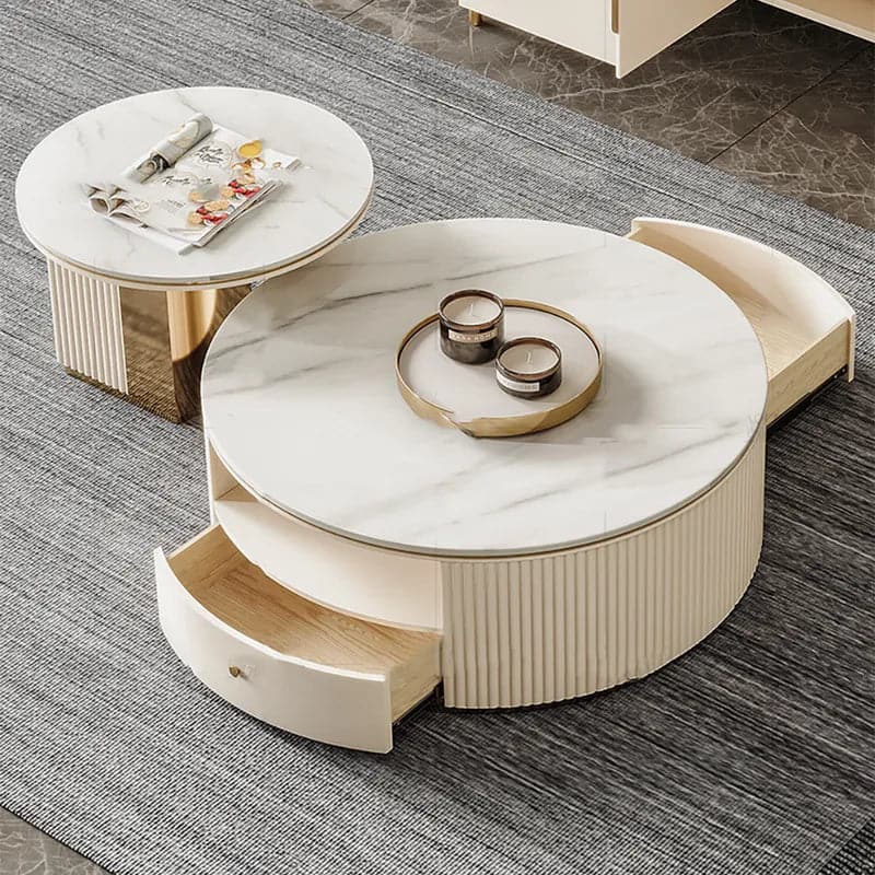 Modern Round Nesting Coffee Table with Storage White Sintered Stone Set of 2