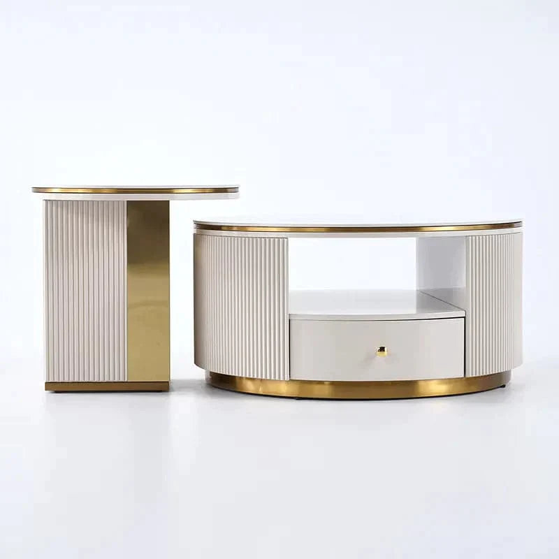 Modern Round Nesting Coffee Table with Storage White Sintered Stone Set of 2