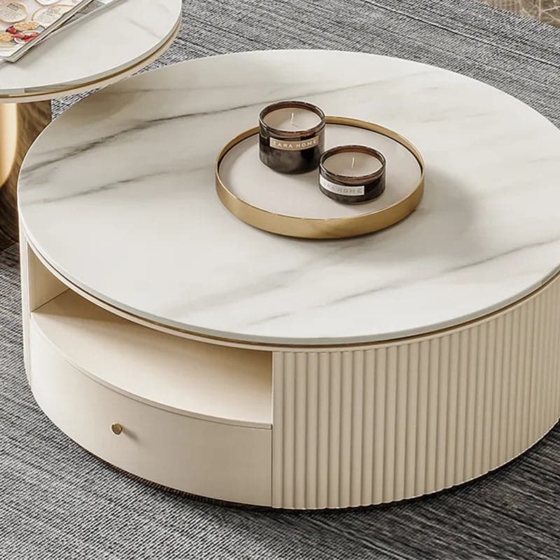 Modern Round Nesting Coffee Table with Storage White Sintered Stone Set of 2