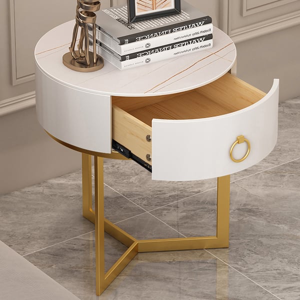 Modern Round Nightstand with 1 Drawer White Nightstand Bedside Table with Gold Frame