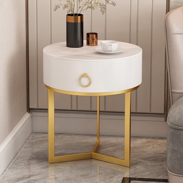 Modern Round Nightstand with 1 Drawer White Nightstand Bedside Table with Gold Frame