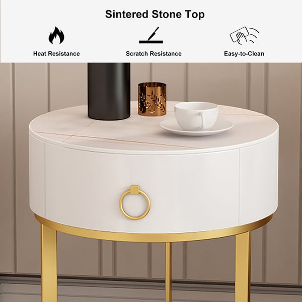 Modern Round Nightstand with 1 Drawer White Nightstand Bedside Table with Gold Frame