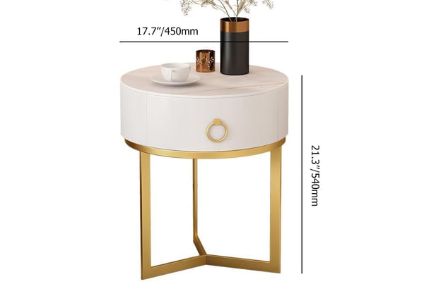 Modern Round Nightstand with 1 Drawer White Nightstand Bedside Table with Gold Frame