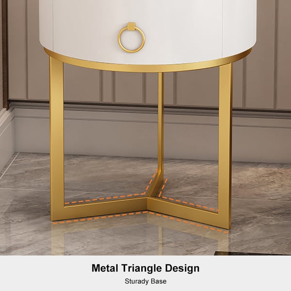 Modern Round Nightstand with 1 Drawer White Nightstand Bedside Table with Gold Frame