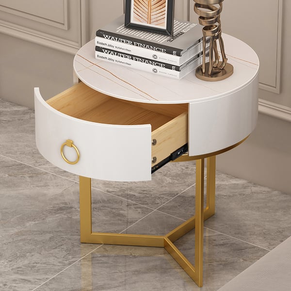 Modern Round Nightstand with 1 Drawer White Nightstand Bedside Table with Gold Frame