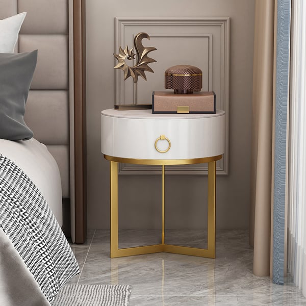 Modern Round Nightstand with 1 Drawer White Nightstand Bedside Table with Gold Frame