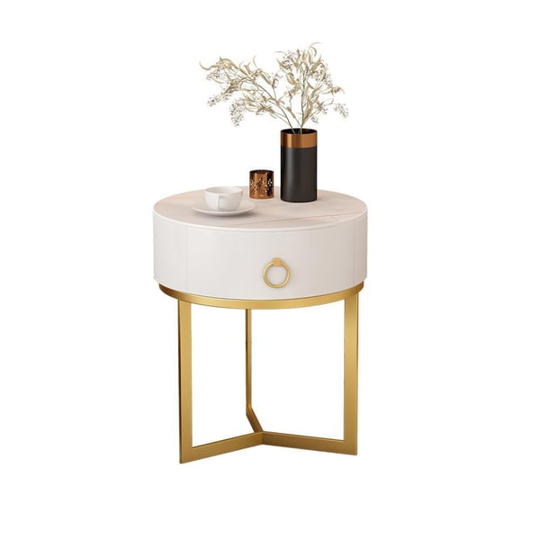 Modern Round Nightstand with 1 Drawer White Nightstand Bedside Table with Gold Frame