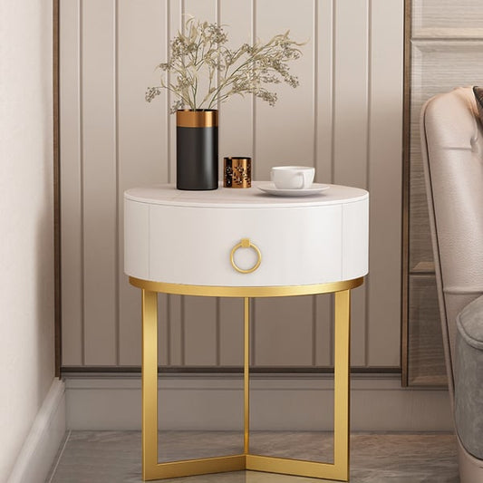 Modern Round Nightstand with 1 Drawer White Nightstand Bedside Table with Gold Frame