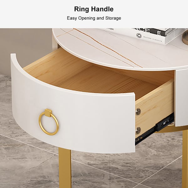 Modern Round Nightstand with 1 Drawer White Nightstand Bedside Table with Gold Frame