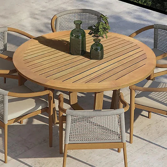 Modern Round Teak Wood 6 Person Outdoor Patio Dining Table in Natural