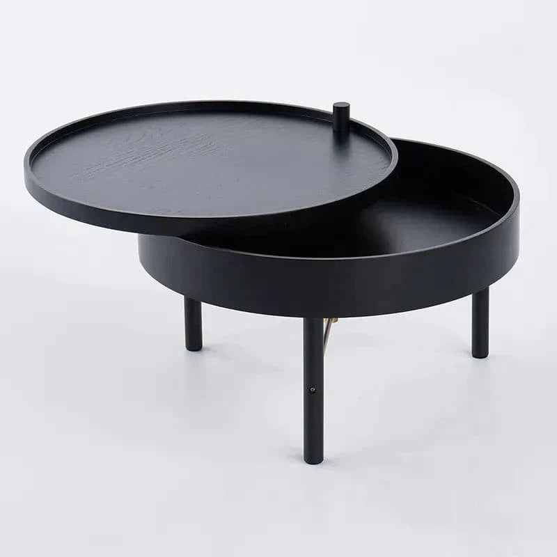 Modern Round Wood Rotating Tray Coffee Table with Storage & Metal Legs in Black