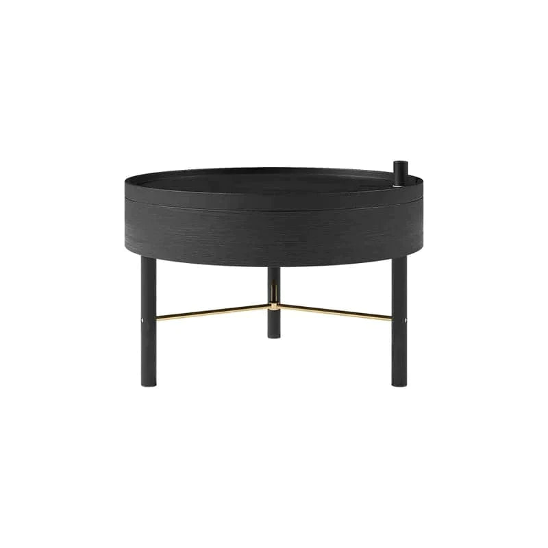 Modern Round Wood Rotating Tray Coffee Table with Storage & Metal Legs in Black