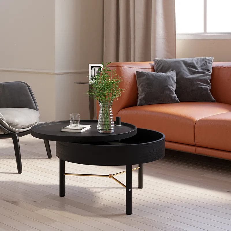 Modern Round Wood Rotating Tray Coffee Table with Storage & Metal Legs in Black