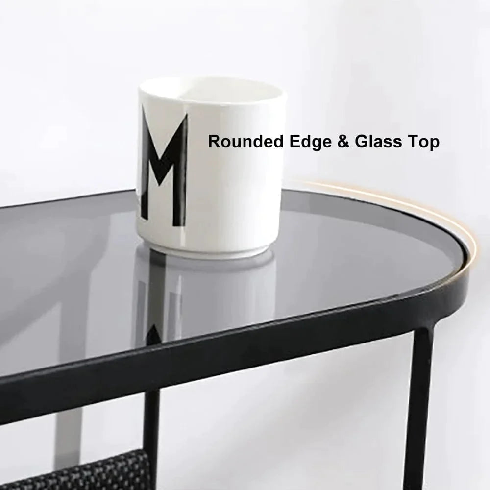 Modern Side Table Black End Table Metal Accent Oval Table Magazine Holder Sofa Table