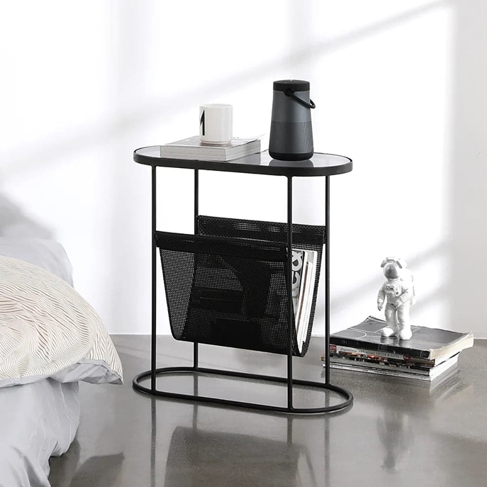 Modern Side Table Black End Table Metal Accent Oval Table Magazine Holder Sofa Table