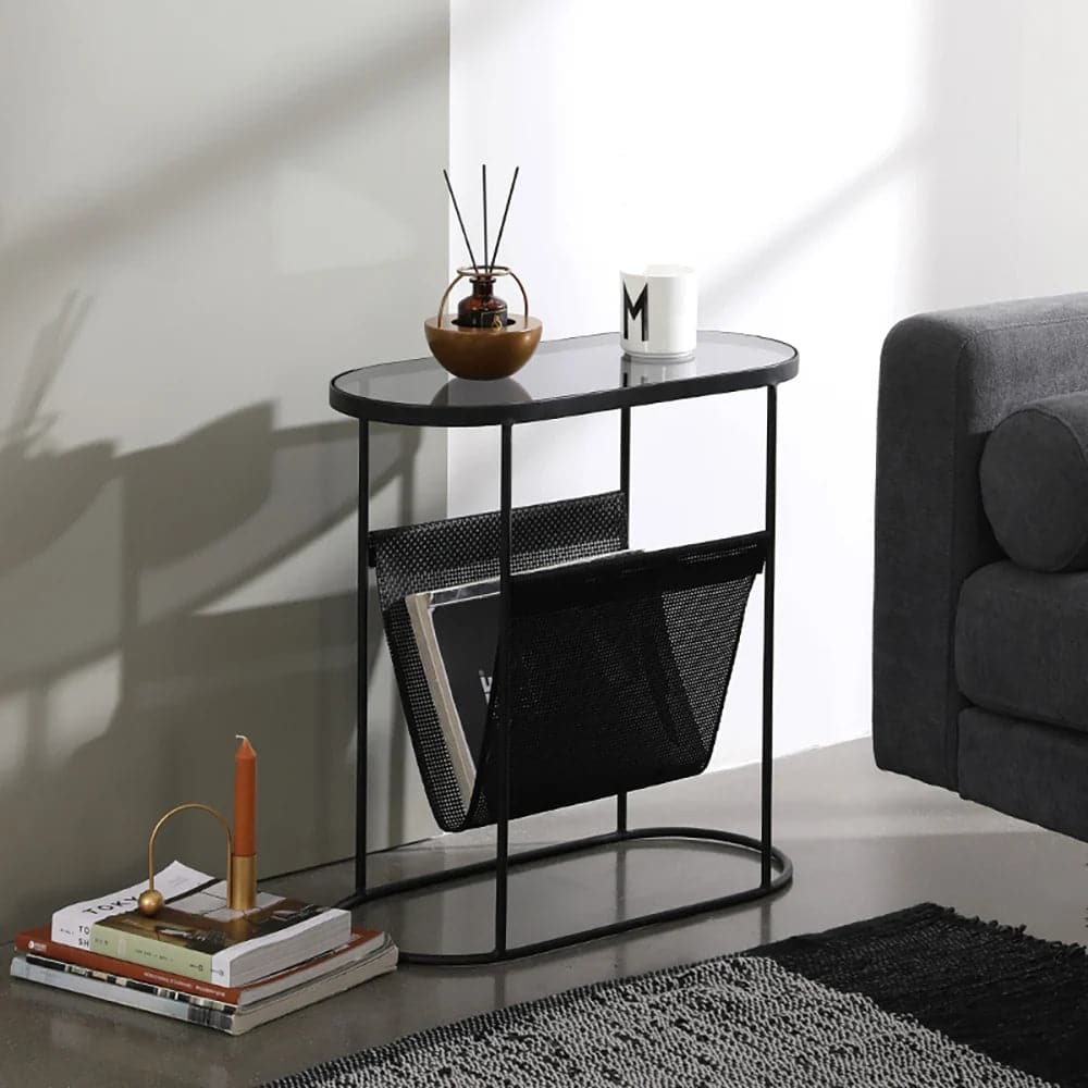 Modern Side Table Black End Table Metal Accent Oval Table Magazine Holder Sofa Table