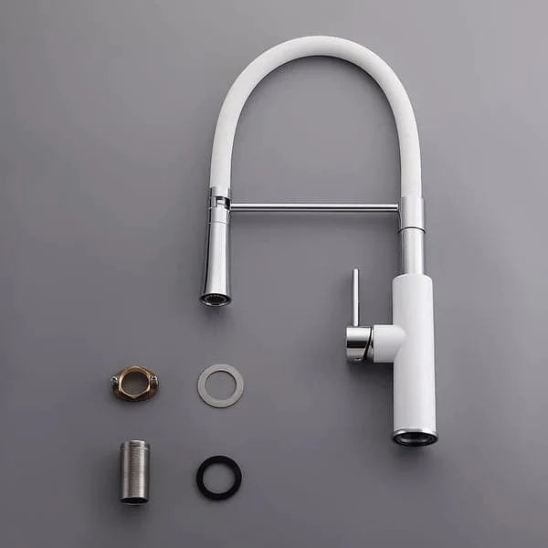 Modern Sleek White & Chrome Pull-Down Spray Kitchen Faucet Single Handle Solid Brass