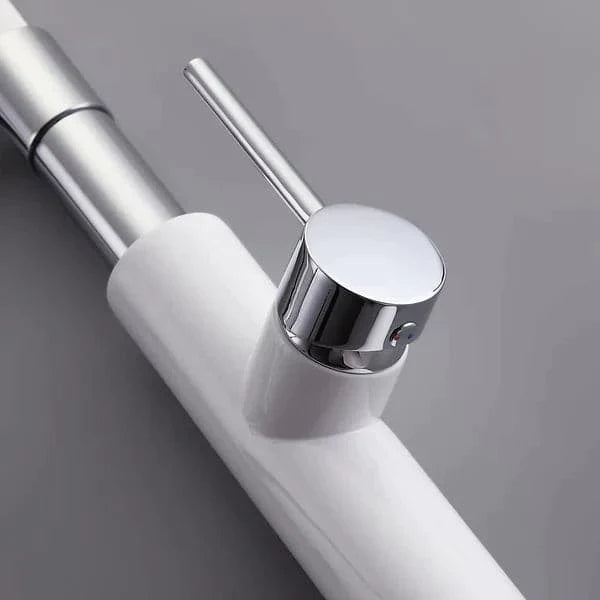 Modern Sleek White & Chrome Pull-Down Spray Kitchen Faucet Single Handle Solid Brass