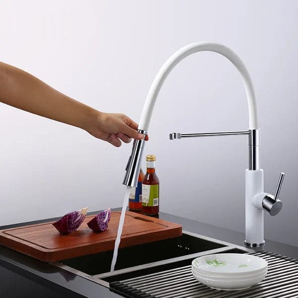 Modern Sleek White & Chrome Pull-Down Spray Kitchen Faucet Single Handle Solid Brass